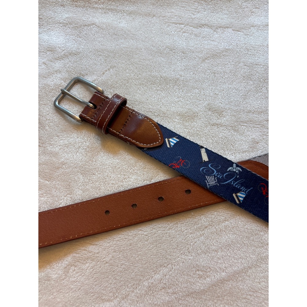 Peter Millar Sea Island Navy Ribbon Leather Belt Mens 34 Nautical Beach Golf